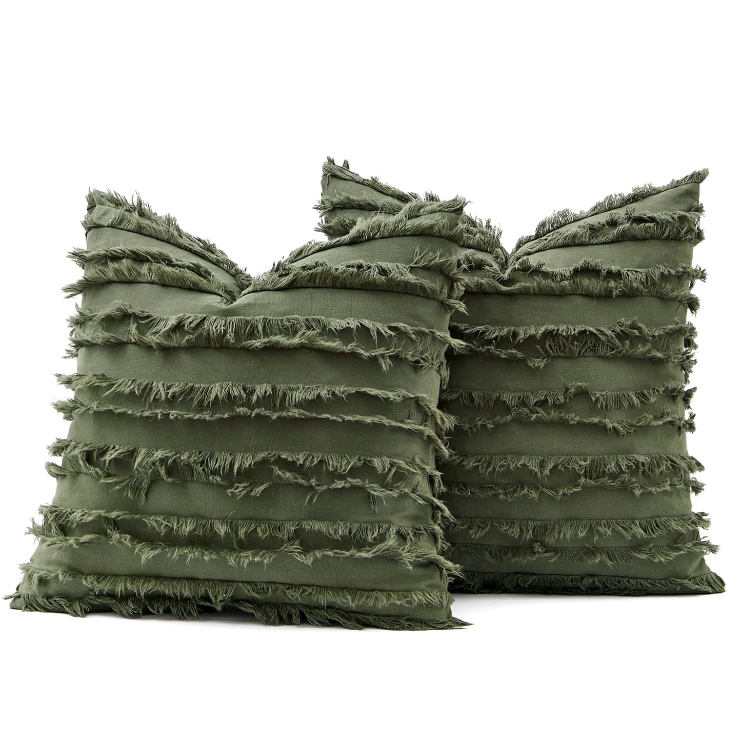MIULEE Decorative Boho Throw Pillow Covers Set of 2 Dark Olive Green Linen Striped Jacquard Pattern Farmhouse Modern Cushion Covers for Sofa Couch Living Room Bedroom 20x20 Inch Home Decor