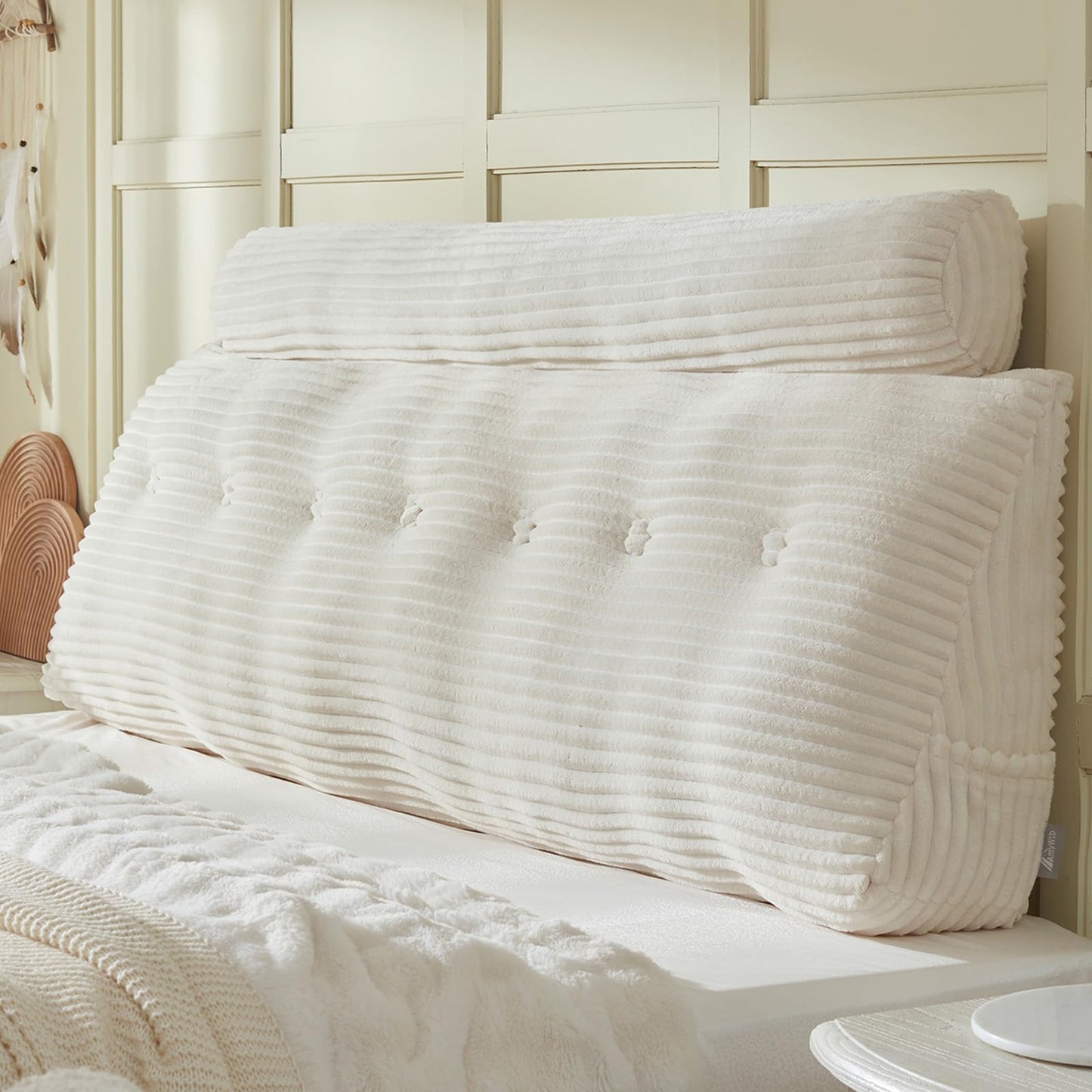 AmyWtb Headboard Wedge Pillow + A Long Neck Roll Pillow Body Pillow,Large Headboard Pillow with Removable Cover (Beige, King:76x8x20 inches)