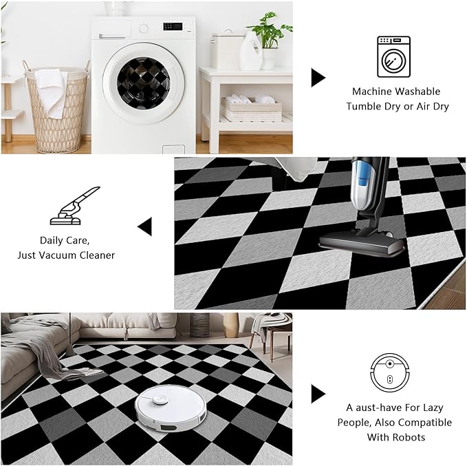 Black and White Rug 5x6, Rhombus Geometric Soft Ultra Soft Faux Wool Low Pile Rug, Indoor Floor Mats Carpet, Non-Slip Stain Resistant Washable Rugs, Modern Abstract Checkered Rugs for Living Room