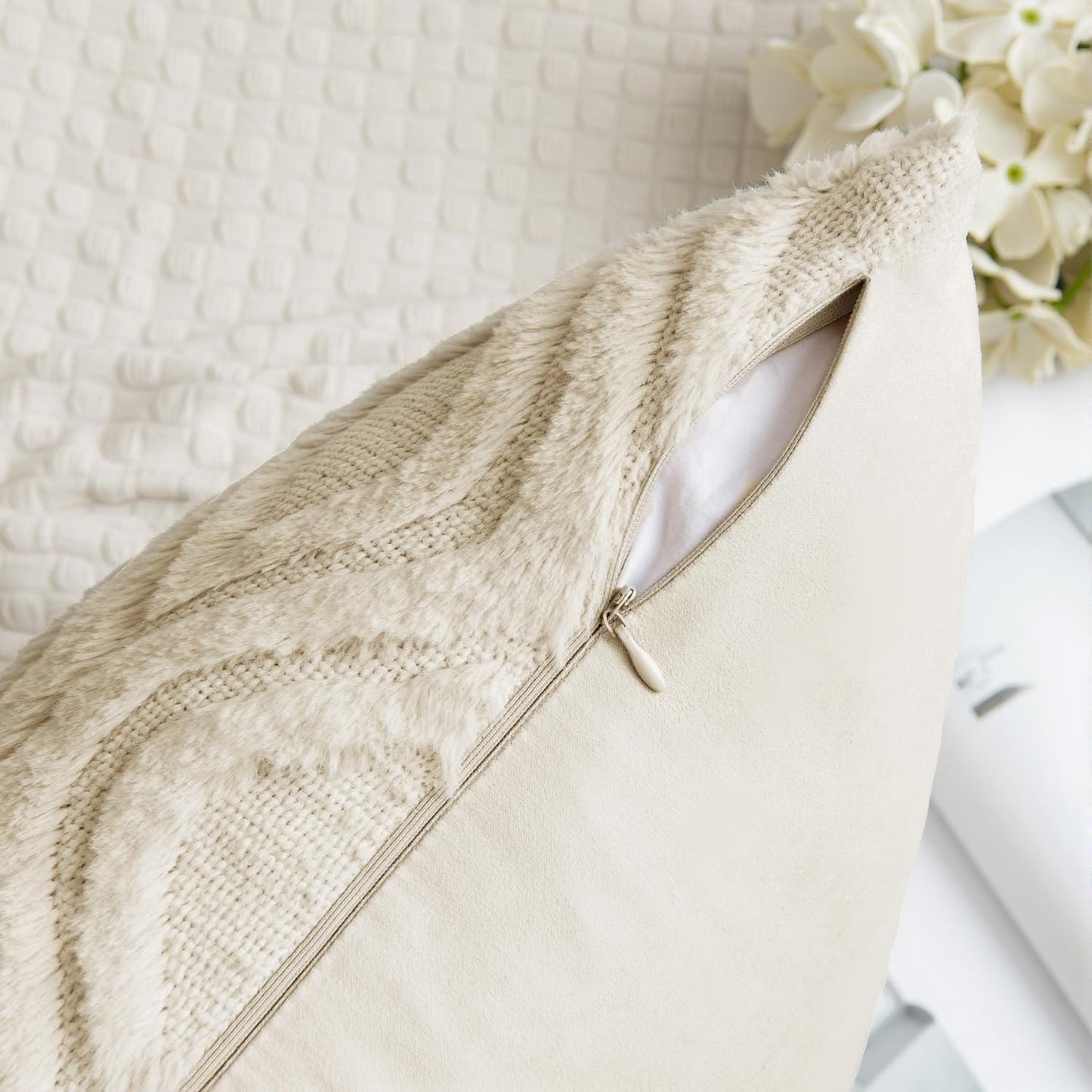 MIULEE Spring Beige Throw Pillow Covers 24x24 Inch, Neutral Soft Plush Faux Wool Solid Couch Pillows Euro Shams Set of 2, Decorative Farmhouse Boho Cushion Covers for Sofa Living Room Bed Home Decor