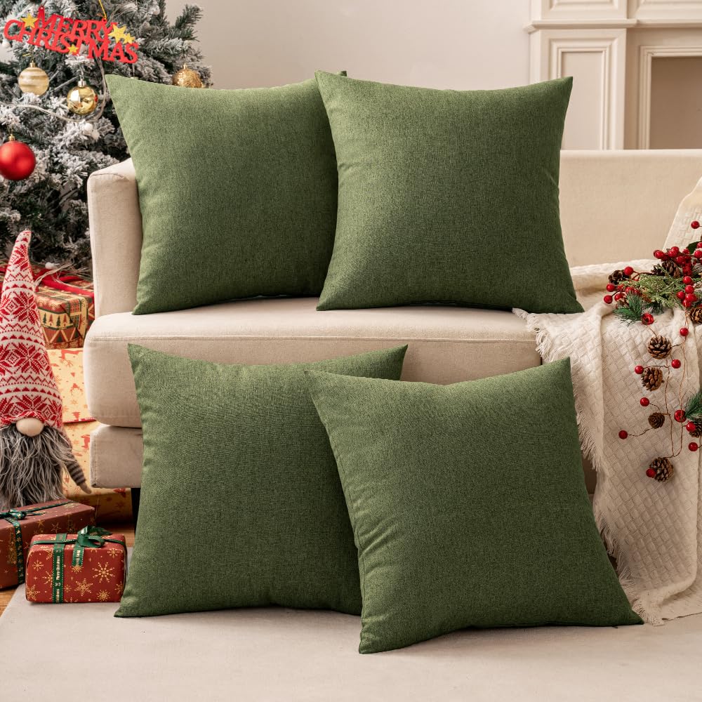MIULEE Pack of 2 Decorative Outdoor Solid Waterproof Throw Pillow Covers Euro Sham Faux Linen Garden Farmhouse Cushion Cases for Patio Tent Balcony Couch Sofa 24x24 Inch Dark Green