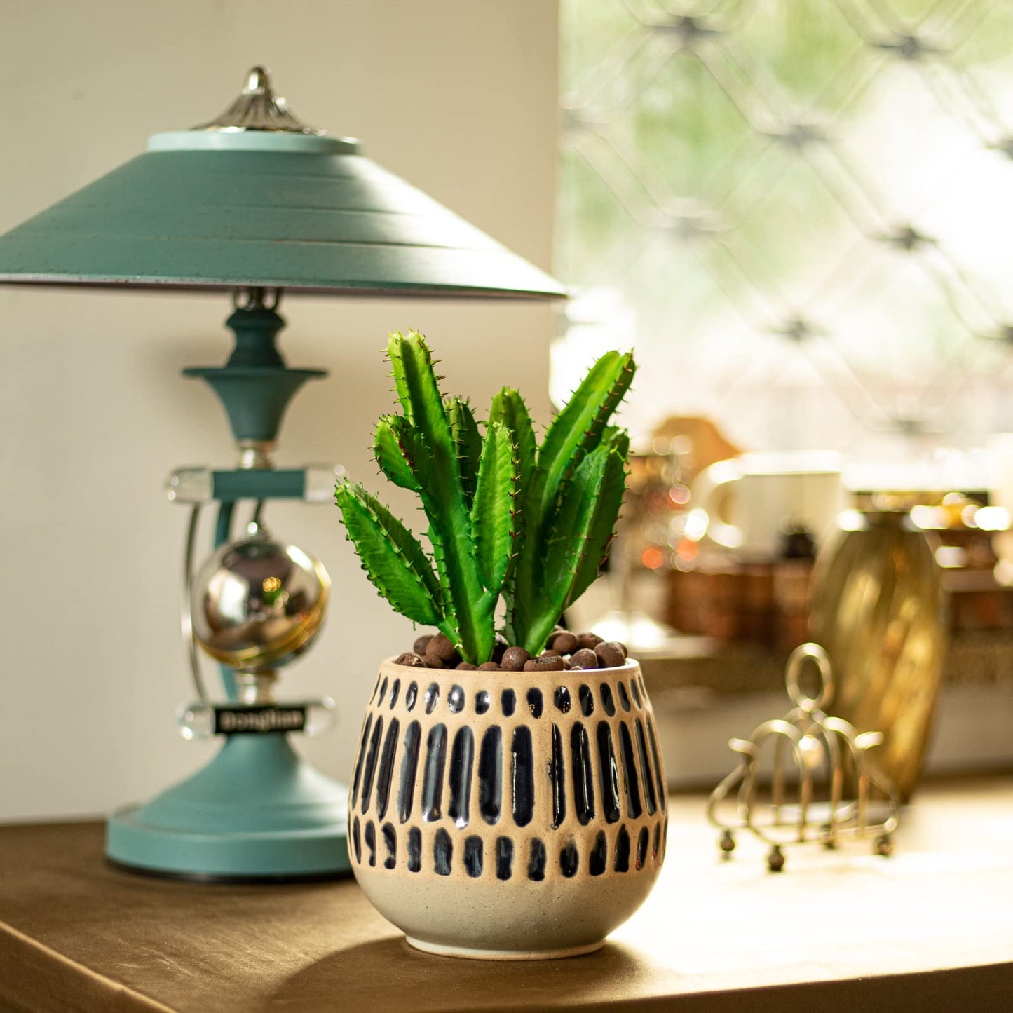 Chonsun Ceramic Planter 5 Inch Plant Pots Indoor Outdoor Succulent Plant Pot Flower Pots Mid-Century Planter Ceramic Pot with Blue Stripes