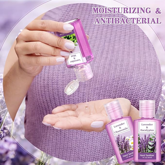 Frienda 24 Pcs Mini Hand Sanitizers Bulk Travel Size Lavender Scented Hand Sanitizers 1 Fl oz Pocket Sanitizing Moisturizes Cleans Hands for Guest Adults Family Office Travel Christmas Party Gifts