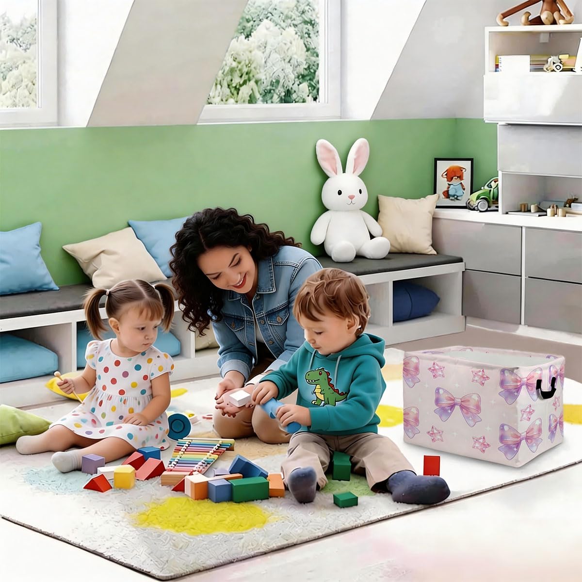 56L Beautiful Bow Foldable Square Laundry Hamper with Handles – Large Clothes, Blanket & Toy Storage Basket for Home Organization.