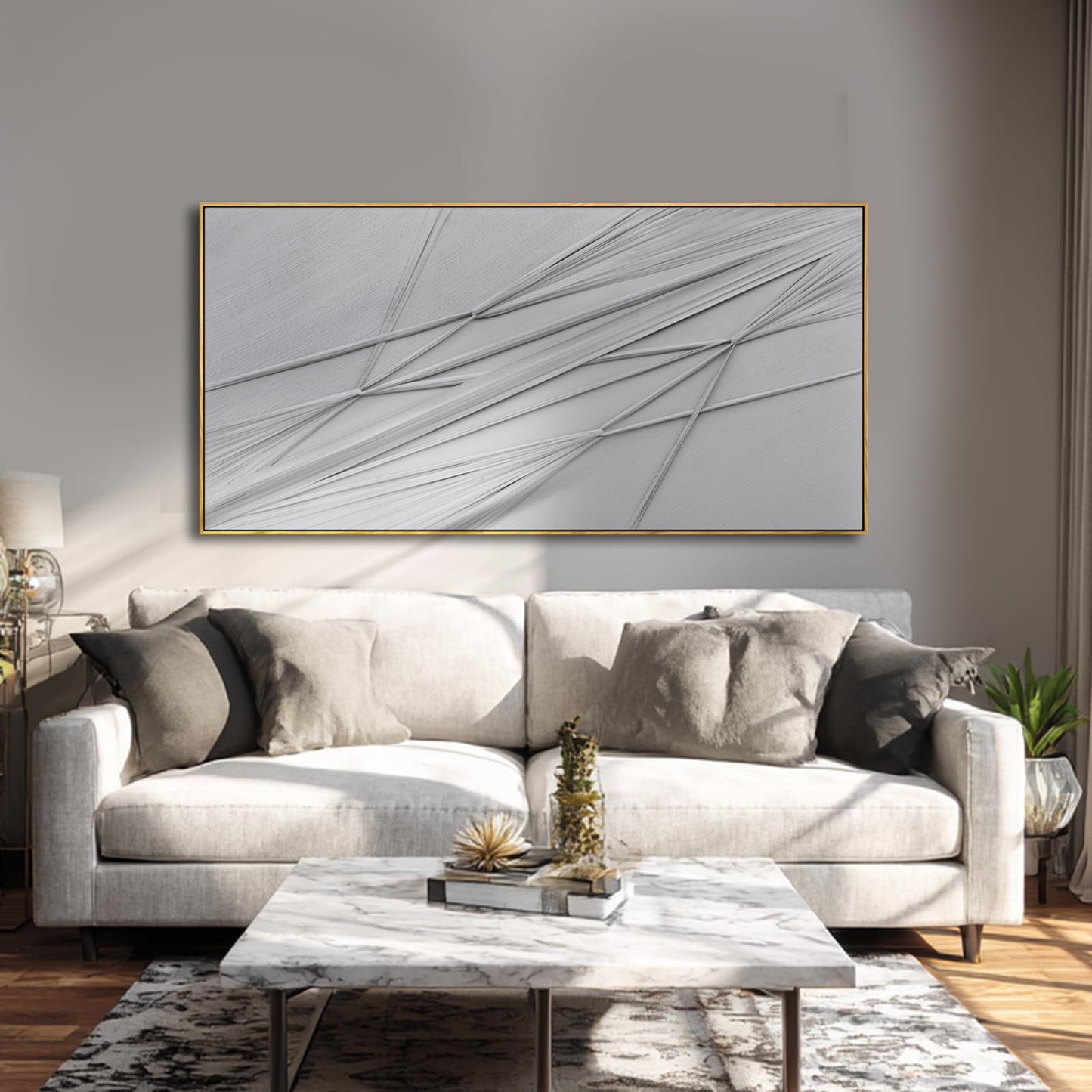 Framed Wall Art 24x48 Inch, Hand Painted Textured Canvas Painting with Wood Frame, Grey Abstract Minimalist Line Decor for Dining Room Living Room Bedroom Office