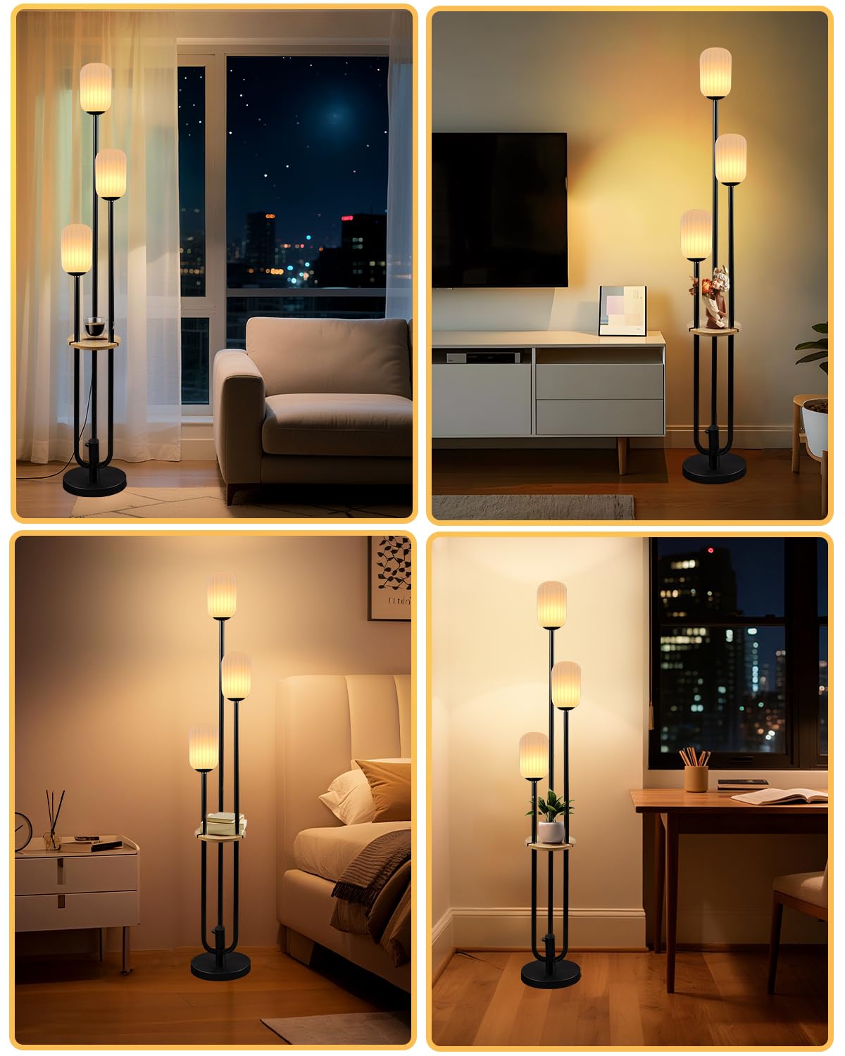 Lightdot Black Dimmable Floor Lamp with Shelf Modern Floor Lamps with Oval Striped Lampshade & Bulb Included 3-Lights Tall Lamp with 5Lbs Heavy Base for Living Room/Bedroom/Sofa Beside/Corner Decor