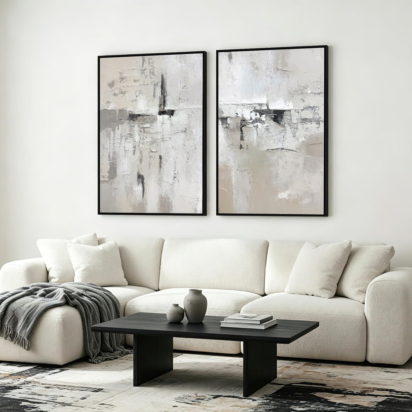 SAFERRYHOME Abstract Textured Wall Art Hand Painted, Large 3D Texture Minimalist Framed Canvas Wall Decor, Neutral Modern Gray White Painting Artwork for Home Office Living Room, 24"x36"x2