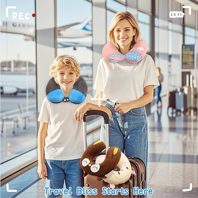 Sexysamba Travel Pillow for Kids Adults with Sleep Eye Mask Cute Cartoon U Shaped Memory Foam Neck Pillows for Travel Head Rest & Neck Support for Airplane, Car, Office Sleeping, Pink Mermaid