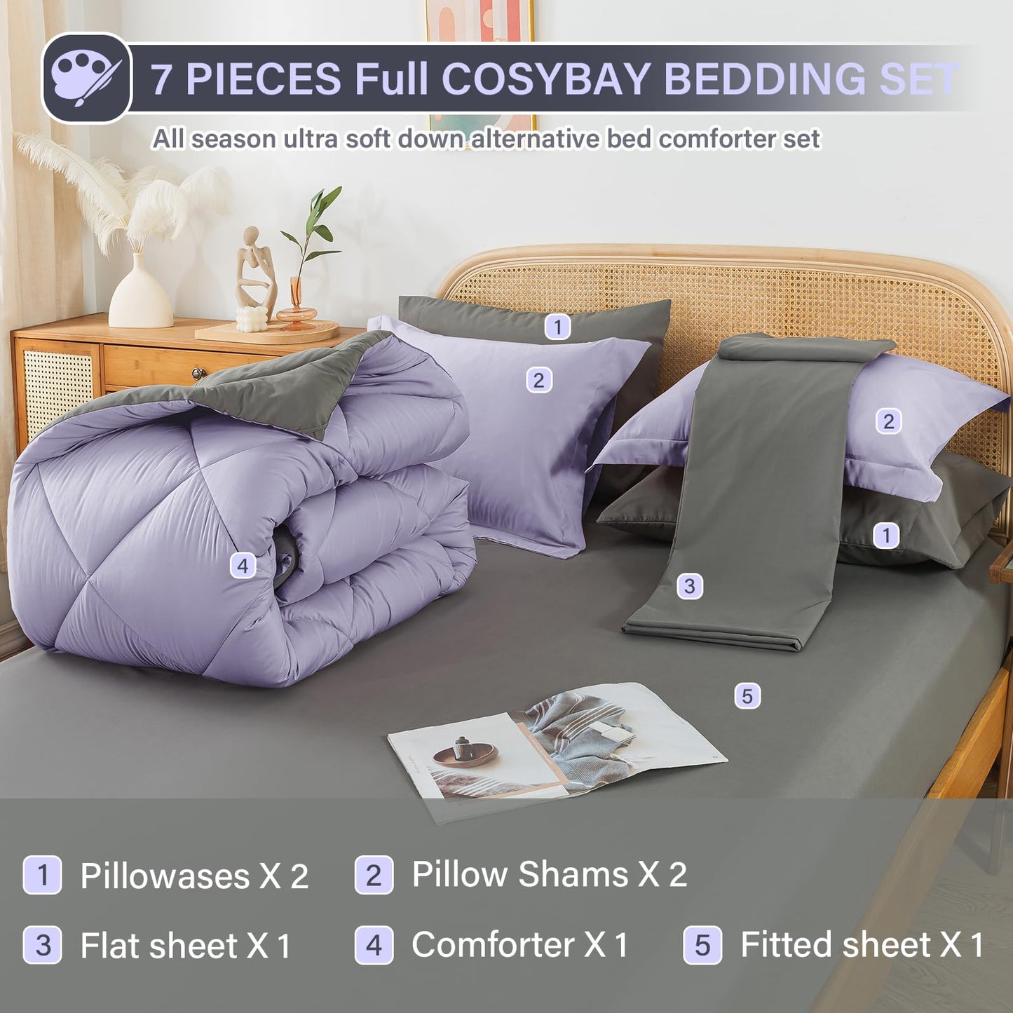 Cosybay Bed in a Bag Queen Reversible Comforter Sets 7pcs All Season Down Alternative Bedding Sets Lavender and Grey with Comforter, Pillow Shams, Flat Sheet, Fitted Sheet and Pillowcase