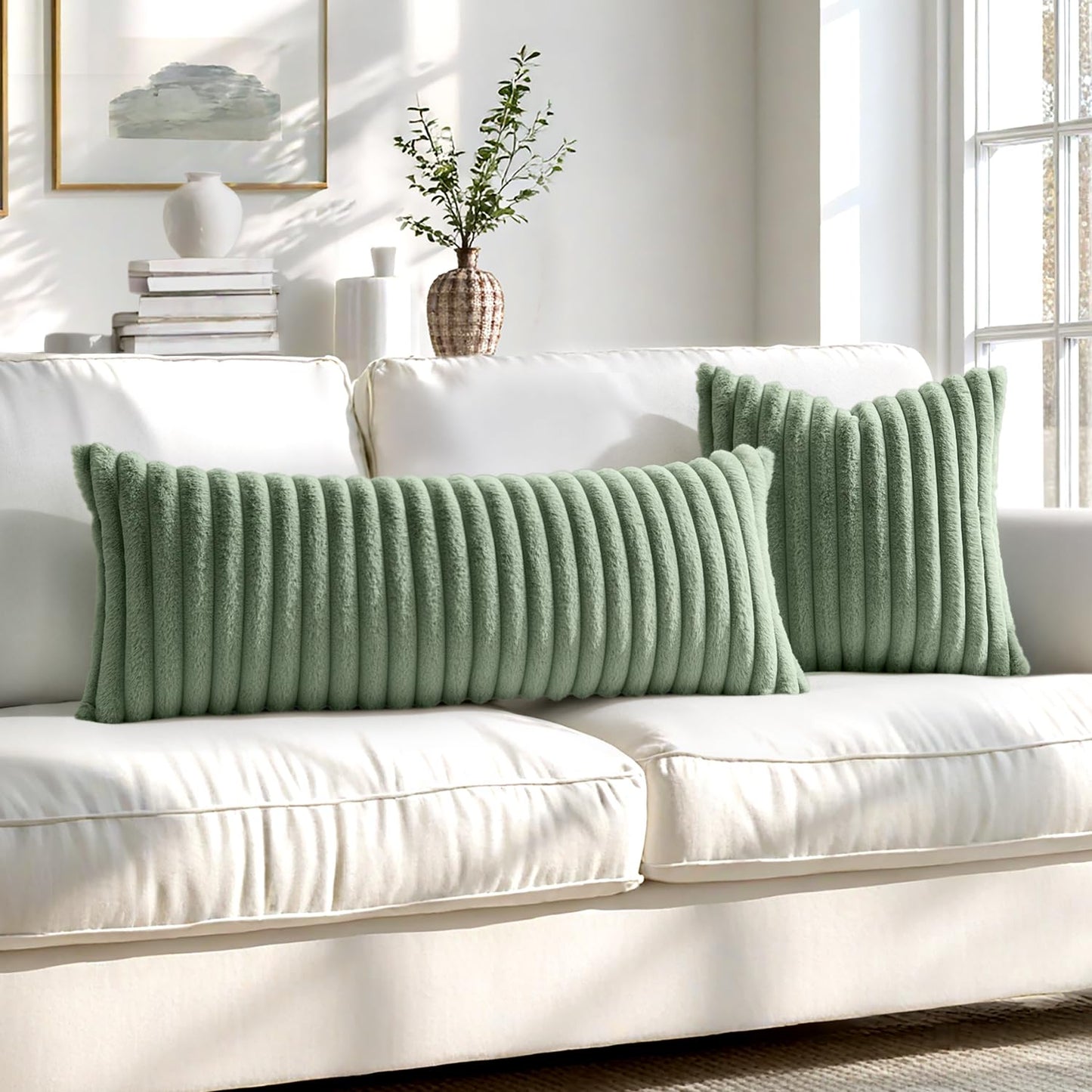 MIULEE Faux Fur Decorative Throw Pillow Covers 18x18 Inch Set of 2, Modern Spring Home Decor Soft Plush Couch Pillows Cozy Fluffy Cushion Covers for Sofa Bed Sage Green