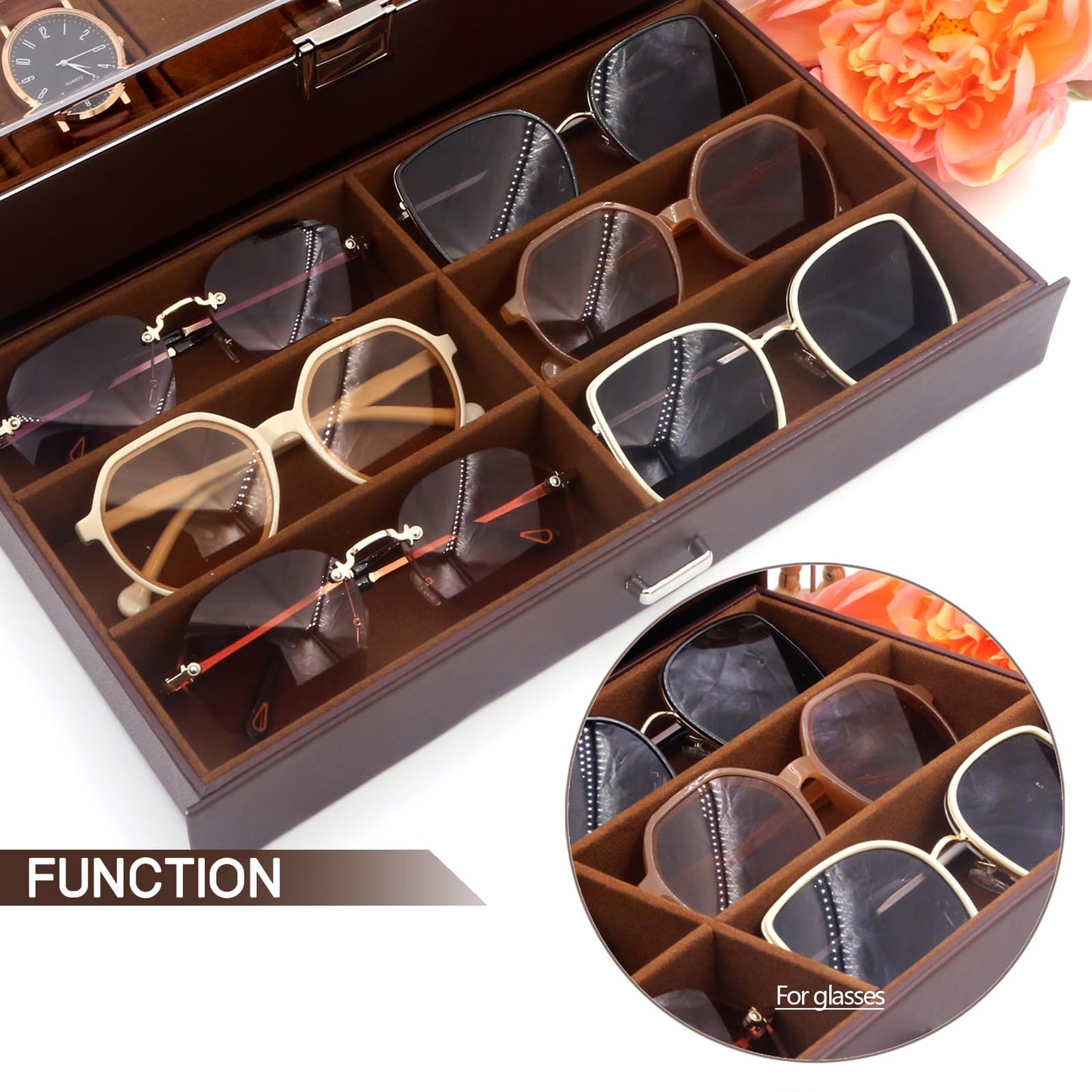 KLOUD City 12-Slot Watch Box with Lockable Drawer Acrylic Display Lid | Velvet Organizer for Luxury Watches, Jewelry & Eyewear (brown-W3002)
