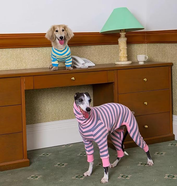 HowlyWoof Dachshund Dog Shirt, Thin Striped Base Layer Onesie for Wiener Dogs, Lightweight All-Season Wear, Soft & Comfy Fit for Doxie and Short-Leg Breeds (Pink&Grey, Size 3(16-21 lbs))