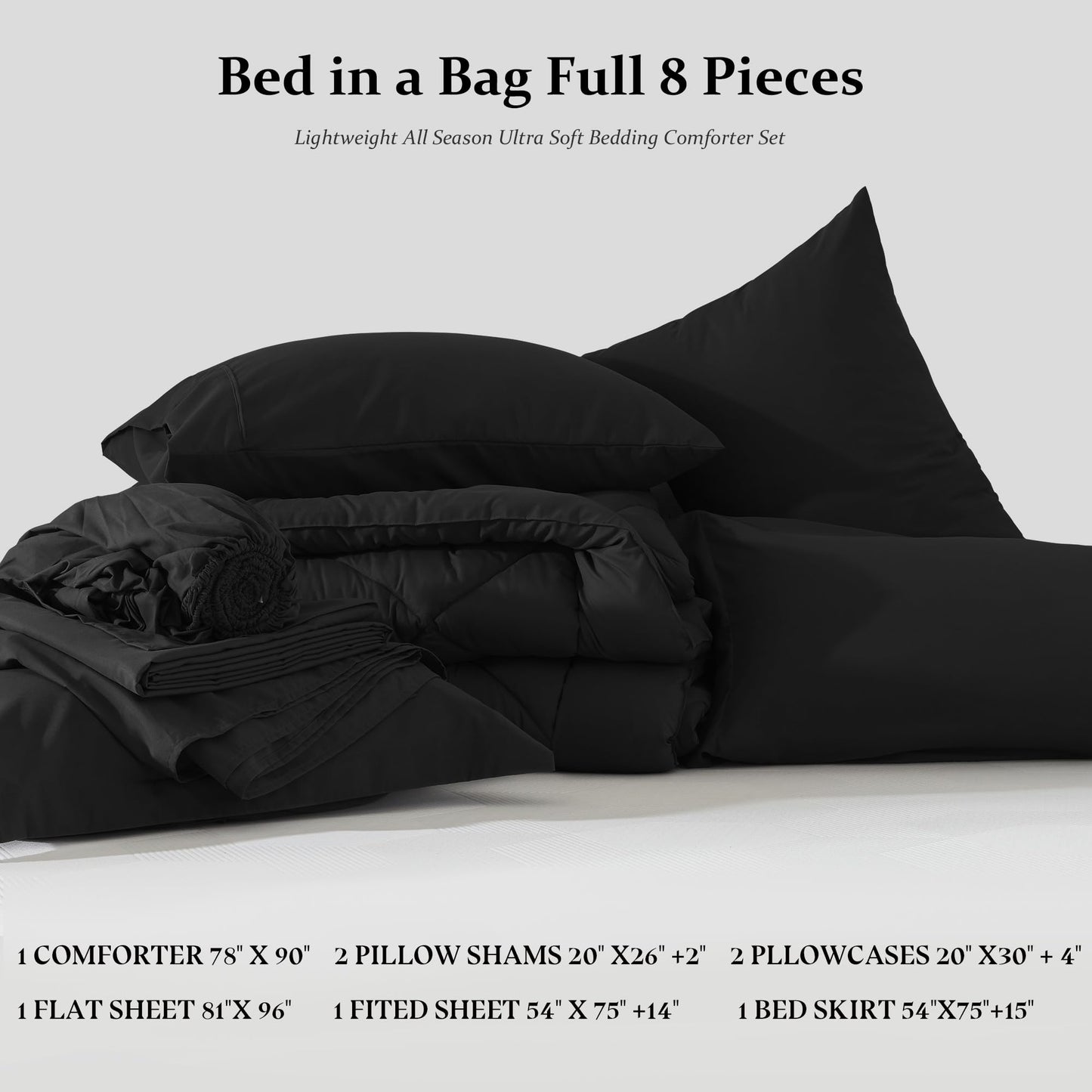 Newspin Full Comforter Set Black - Bed in a Bag Full Size 8 Pieces, All Season Bed Set, Fluffy Comforter Set with Sheets, Sheet Set Quilt Blanket, Pillowcases & Shams & Bed Skirt