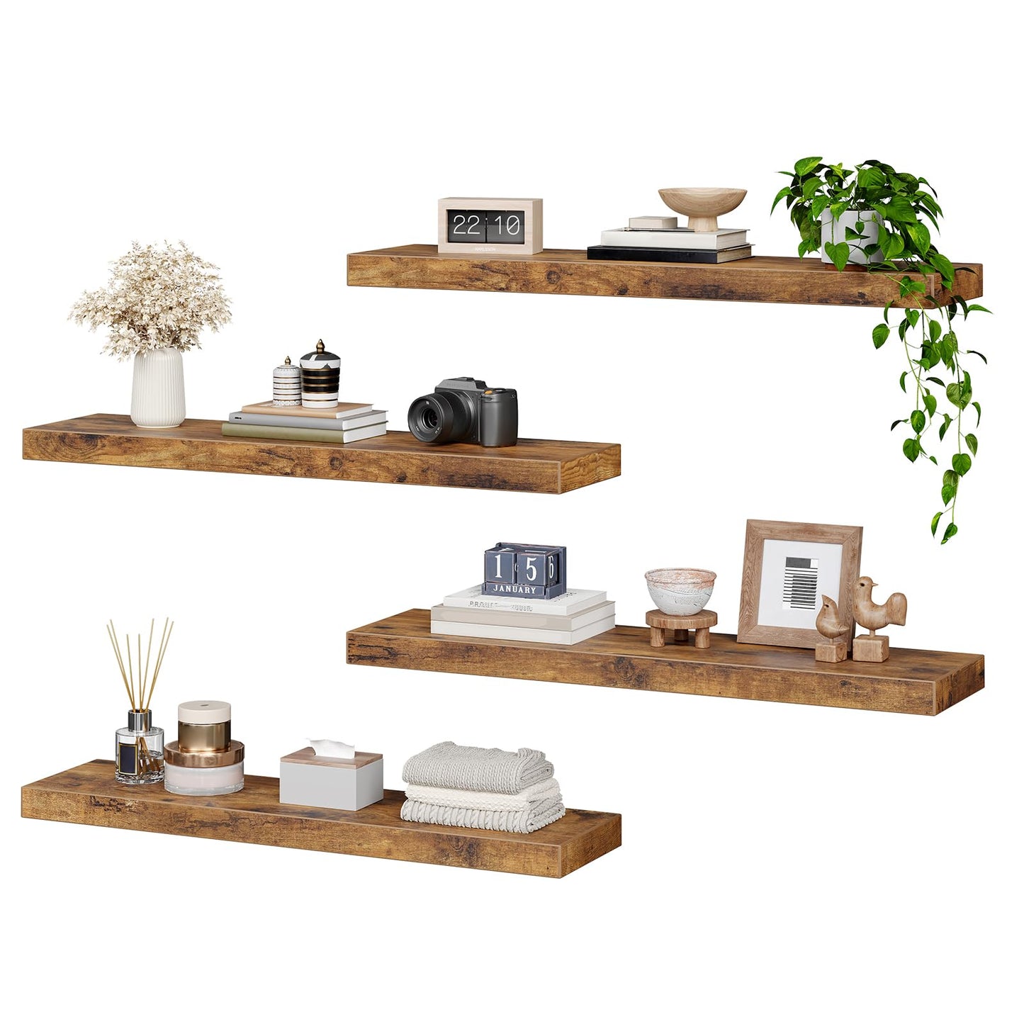 RALGEND Floating Shelves for Wall, 31.5" Long Wall Shelf Set of 4 with Invisible Brackets, 1.5" Thick Hanging Shelves Farmhouse Home Decor for Bathroom, Living Room, Bedroom, Rustic Brown 8301BJP4BF