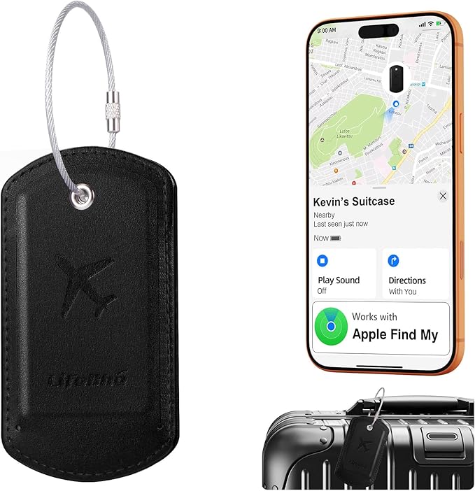 Luggage Tag with Tracker (iOS Only), Premium PU Leather Luggage Tags for Suitcase, Privacy Cover & ID Card Slot, Stainless Loop for Travel Bags, Backpack, Pet Carrier, Ideal Gadgets (Black)