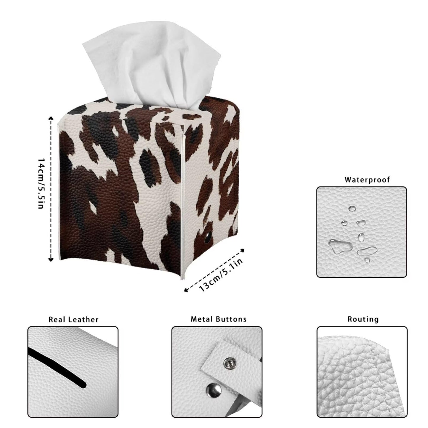 Pzuqiu Cowhide Print Tissue Box Cover Modern Square Tissue Box Organizer Decorative PU Leather Facial Paper Holder for Bathroom Vanity Countertop Bedroom Dresser Office Desk