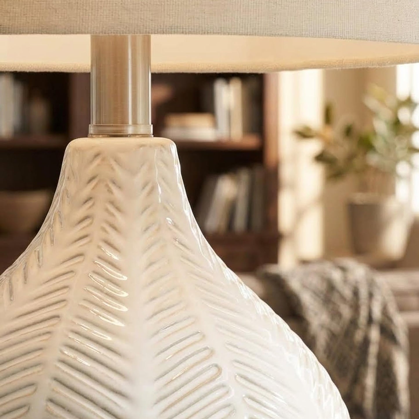 Signature Design by Ashley Rainermen Casual Ceramic Table Lamp, Transparent White Glaze Finish, Drum Hardback Fabric Shade, 11" W x 11" D x 21" H, Off White