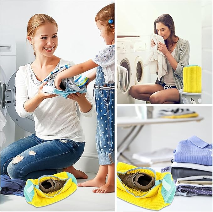 2Pcs Shoe Washing Machine Bags, Laundry Shoe Bags for Washer and Dryer, Sturdy Zipper with Hook Design, Reusable Washing Bag for Sneaker, Tennis, Fits All Shoe Types & Sizes, (Yellow 2 Packs)