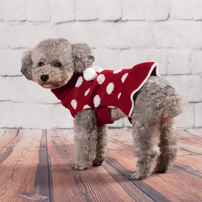 KYEESE Dog Sweater Dress with Leash Hole Small Turtleneck for Girl Dog Sweater Dress Polka Dot Knit Warm Puppy Sweaters with Pom Pom Ball