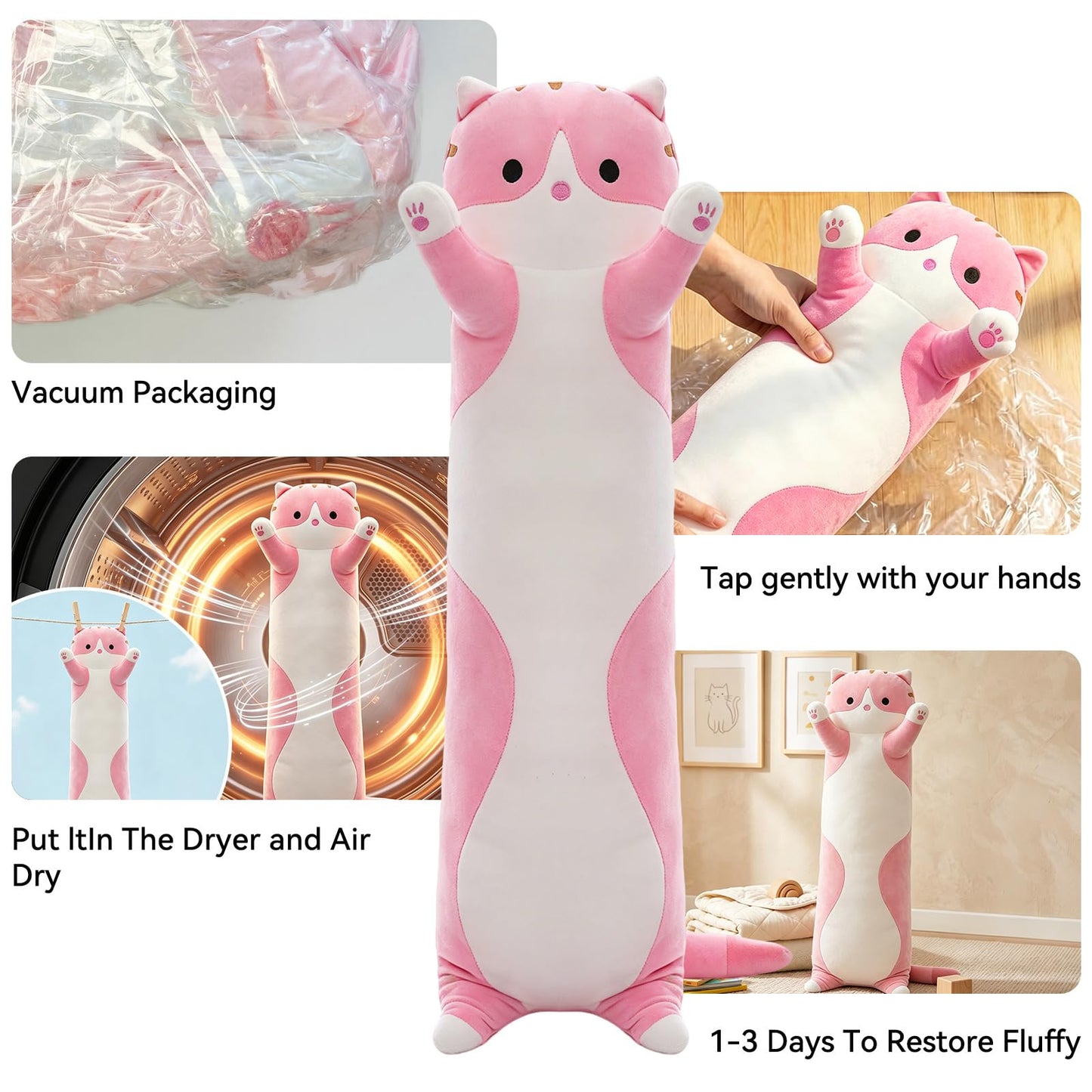 SHINUOER Cute Cat Plush Long Body Pillow – Soft Cartoon Stuffed Animal Doll, Kawaii Cat Plushie Cuddle Toy for Kids, Girls & Girlfriend (Pink, 51.1 Inch)