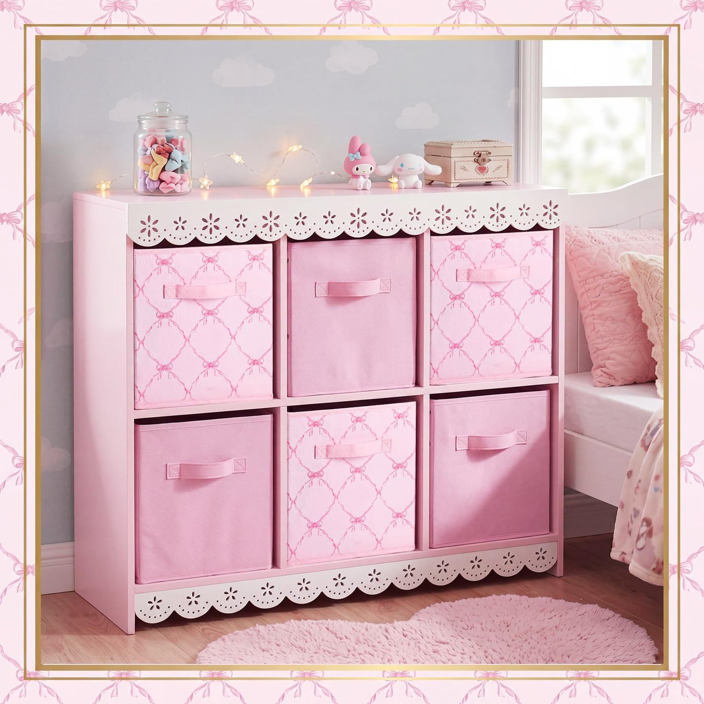 Geelin 6 Pcs Pink and Pink Bow Cube Storage Bins 11 Inch Storage Basket with Handle Cute Preppy Girls Organizer Container Collapsible Fabric Box for Classroom Bedrooms Office Home Decoration Gift
