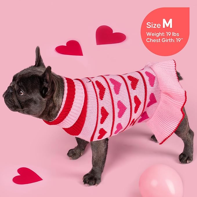 KYEESE Valentines Dog Sweater, Soft Turtleneck Dog Sweaters for Small Dogs, Stretchy Pullover Small Dogs Sweater, Warm Pet Sweaters Dress with Heart Print, Comfy Pet Clothes Coat with Leash Hole, S