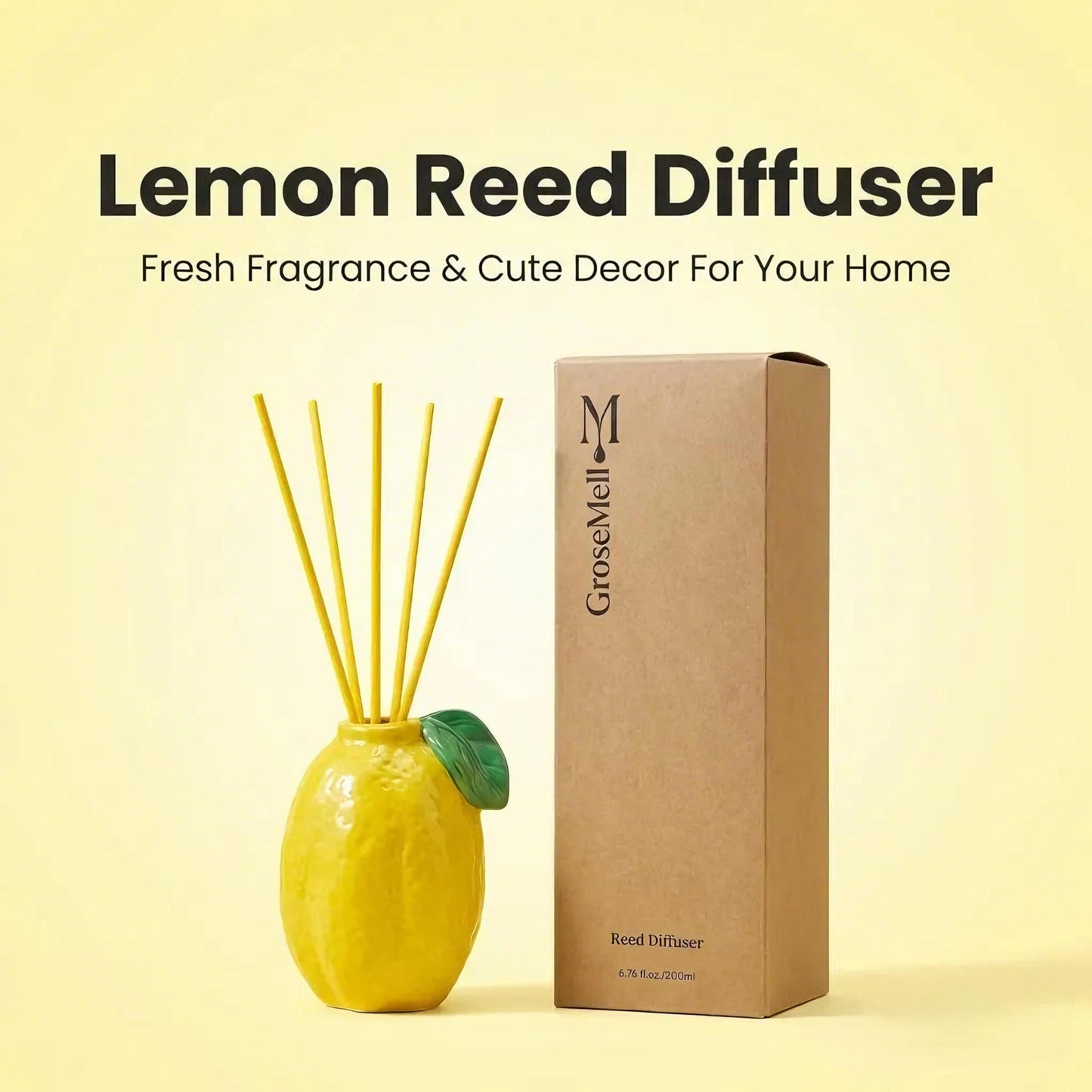 GroseMell Lemon Scented Reed Diffuser Set – 6.76 fl oz (200ml) with Sticks, Creative Lemon-Shaped Ceramic Design for Home, Bedroom & Bathroom Decor, Long Lasting Aromatherapy Gift