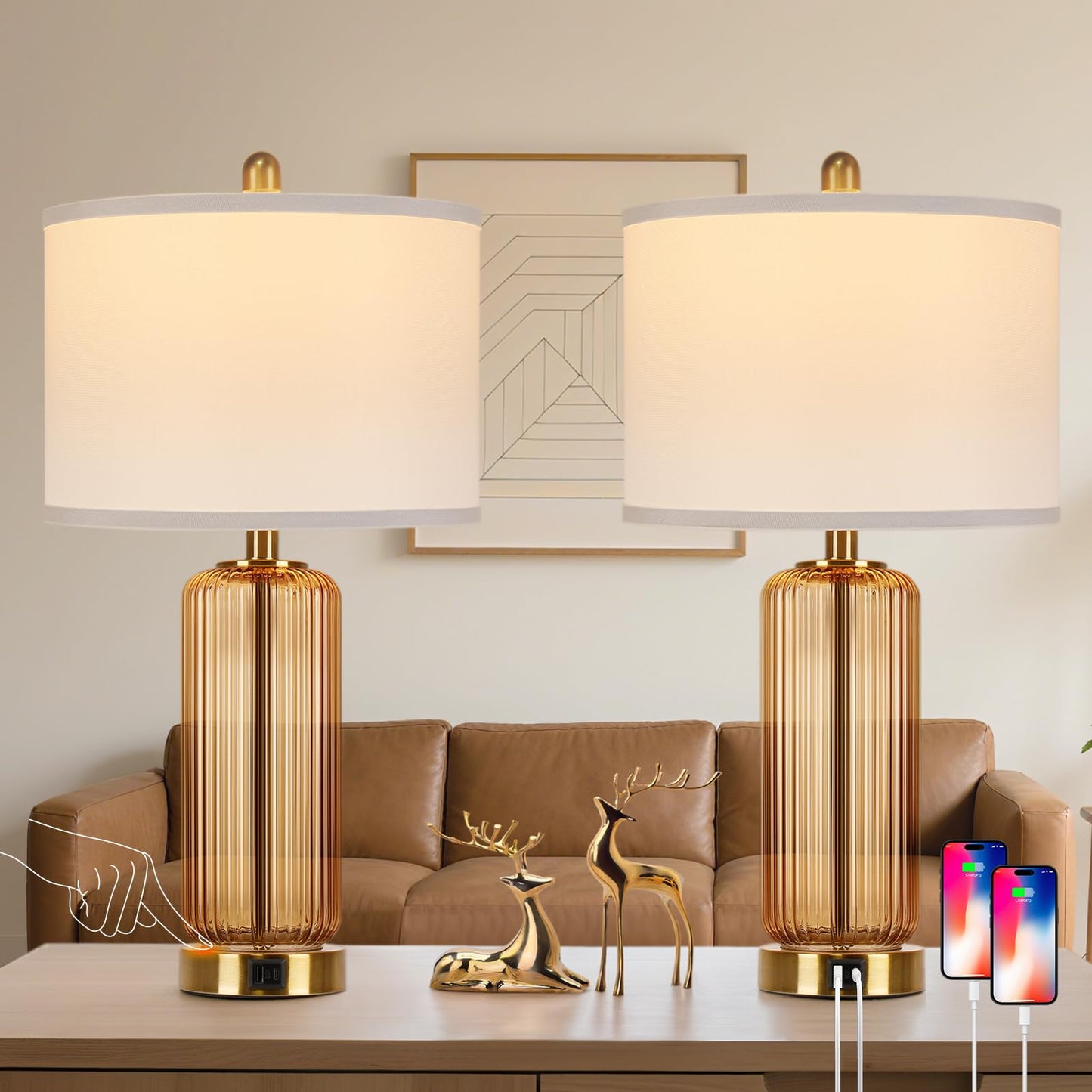 Table Lamps Set of 2 with Touch Control, 3-Way Dimmable Nightstand Lamp with Vertical Grained Glass, Bedside Table Lamps, 27" Modern Glass Bedside Lamps with USB A+C Ports, Brown Desk Lamp for Bedroom