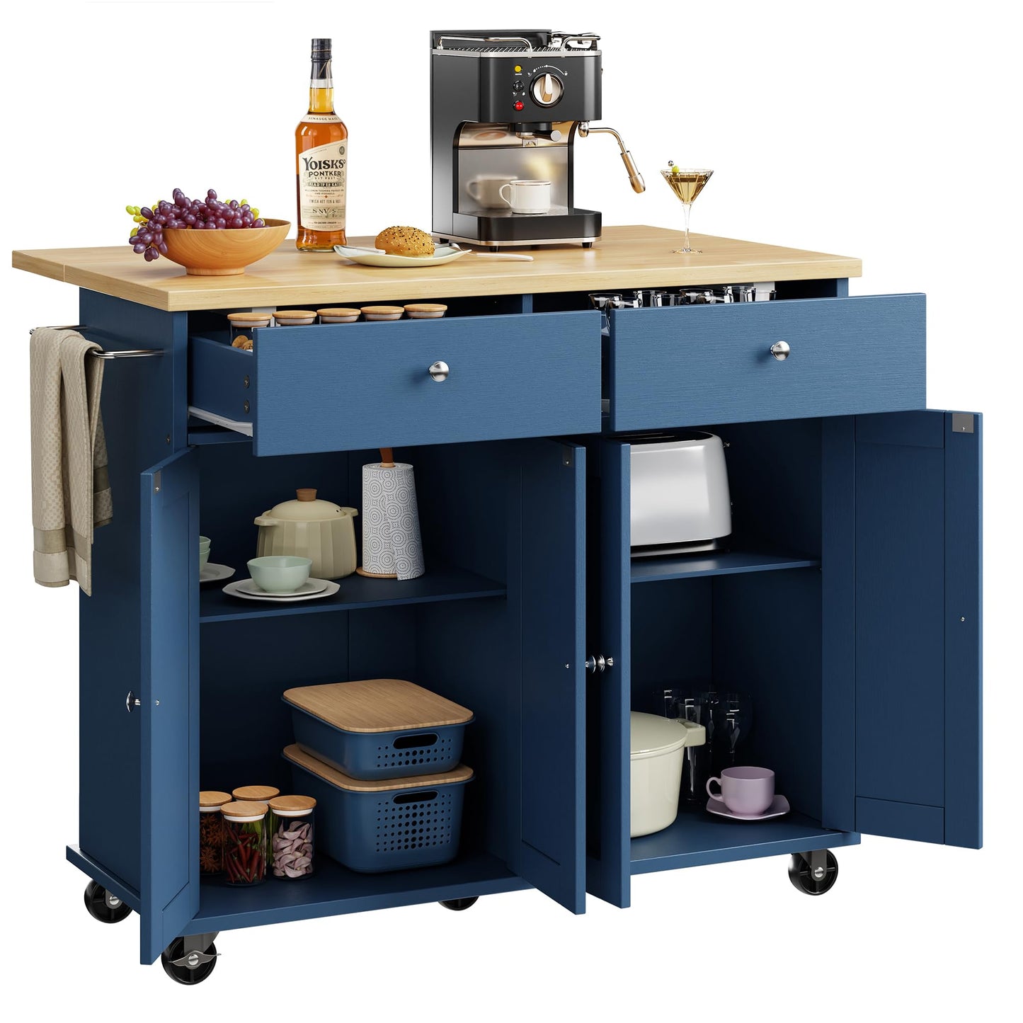 Shintenchi Kitchen Island with Drop Leaf, Rolling Kitchen Cart with Storage on Wheels, Table Bar Cart for Kitchen with Towel Rack & Seating Area for Dining Room, Blue