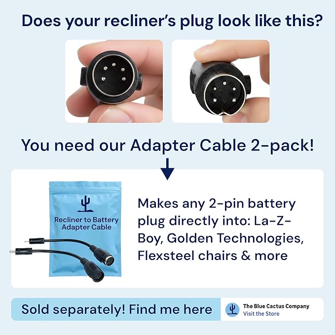 The Blue Cactus 2500mAh Furniture Battery Kit - Battery, Power Transformer, Power Cord - 2-Pin Furniture Connector - with LCD Display for Simple Recliner Chairs