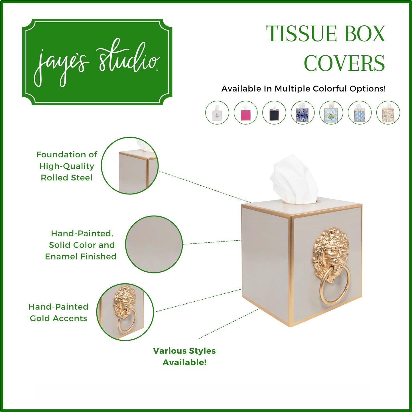 Jaye’s Studio Decorative Square Tissue Box Cover for Bathroom & Home, Premium Cube Tissue Box Holder, Gold Trim & Accents, Paws & Claws Lion’s Head Detail, Luxury Handmade Metal Decor (6x5x5, Taupe)