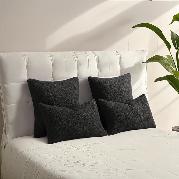 HAUSSY Set of 2 24x24 Decorative Throw Pillow Covers, Soft Cozy European Pillow Shams Textured Boucle, Home Decor for Couch Bed Living Room, Black