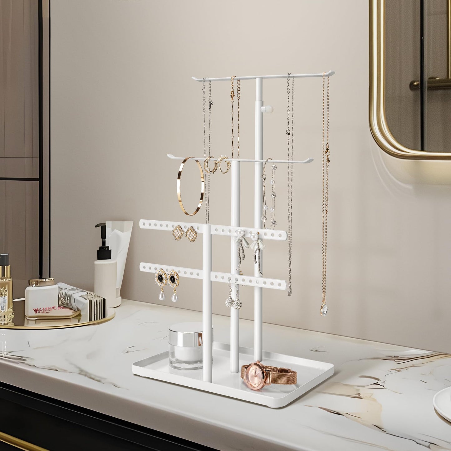 susswiff Jewelry Holder Organizer Stand - Adjustable Jewelry Tree 17.5" Height (Max), Jewlery Hanger for Necklaces, Bracelets, Earrings, Stainless, White