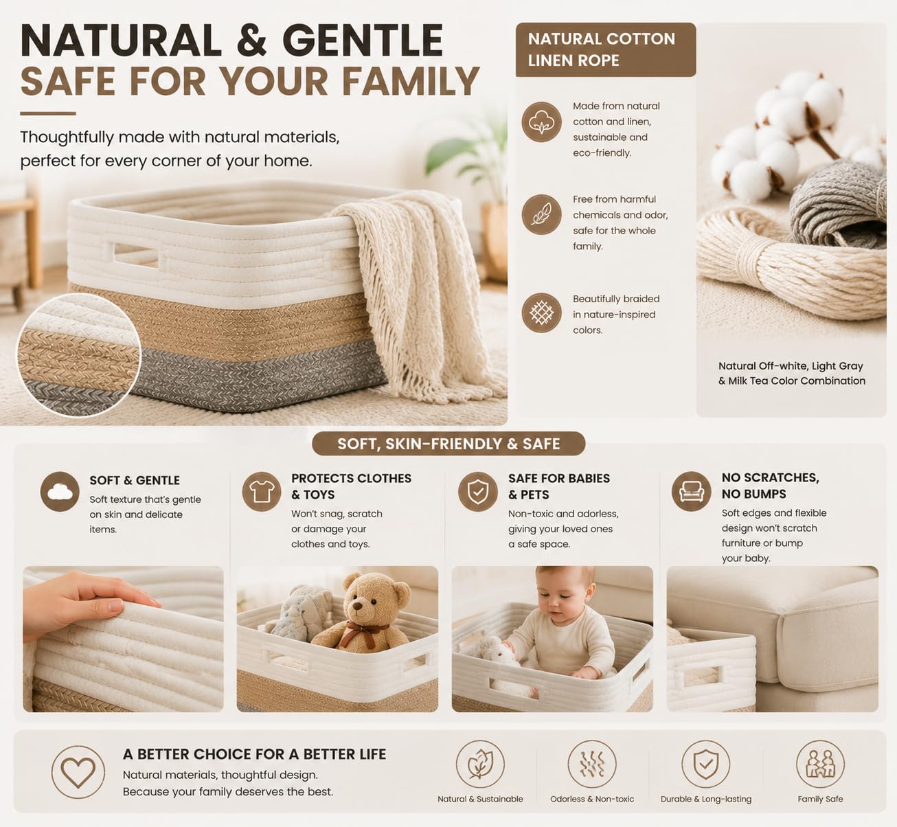 Set of 4,15.8"×13.7"×7.8"Cotton Rope Baskets for Shelves, Woven Storage Baskets for Organizing - Closet, Nursery, Bedroom, Playroom Books, Clothes