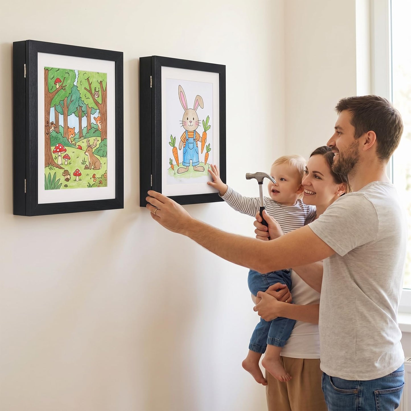 Ziouabaf 4 Pack Artwork Frames Changeable 8.5x11 Inch Front Opening Display Frame for Projects, Black Wood Frame Holds 150 Drawings, 3D Crafts, with 12 Hooks