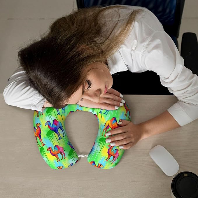 Funny Neck Pillow Support for Car Flight Rest Llama Alpaca Watercolor Camels Painting, Memory Foam U Shaped Decor Head Cushion for Home Outdoors Travel