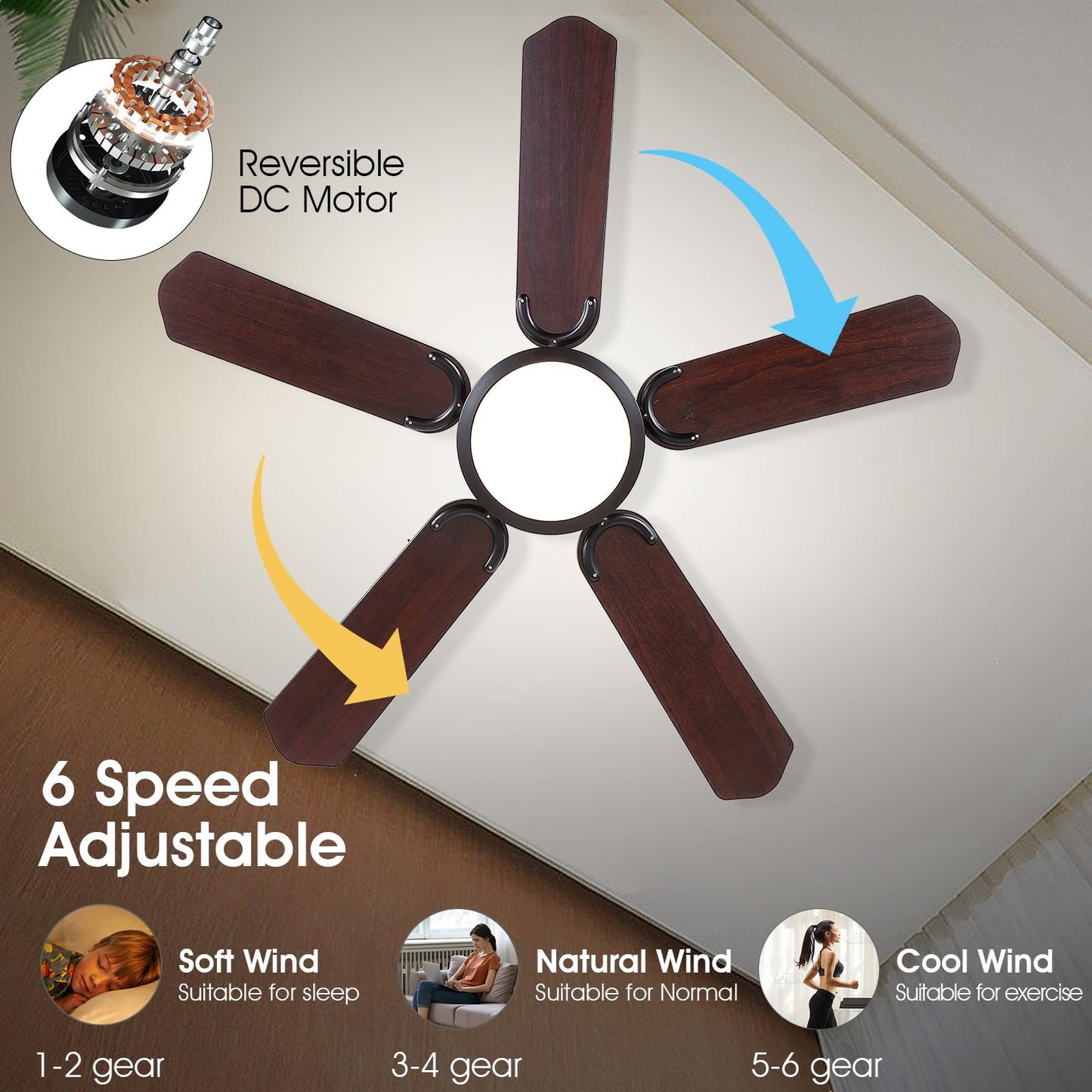 Surtime 44In Flush Mount Ceiling Fans with Lights and APP&Remote Control,Farmhouse Low Profile Ceiling Fan for Indoor/Outdoor,3CCT Dimmable,5 Reversible Double-Sided Bladesļ¼Blackļ¼