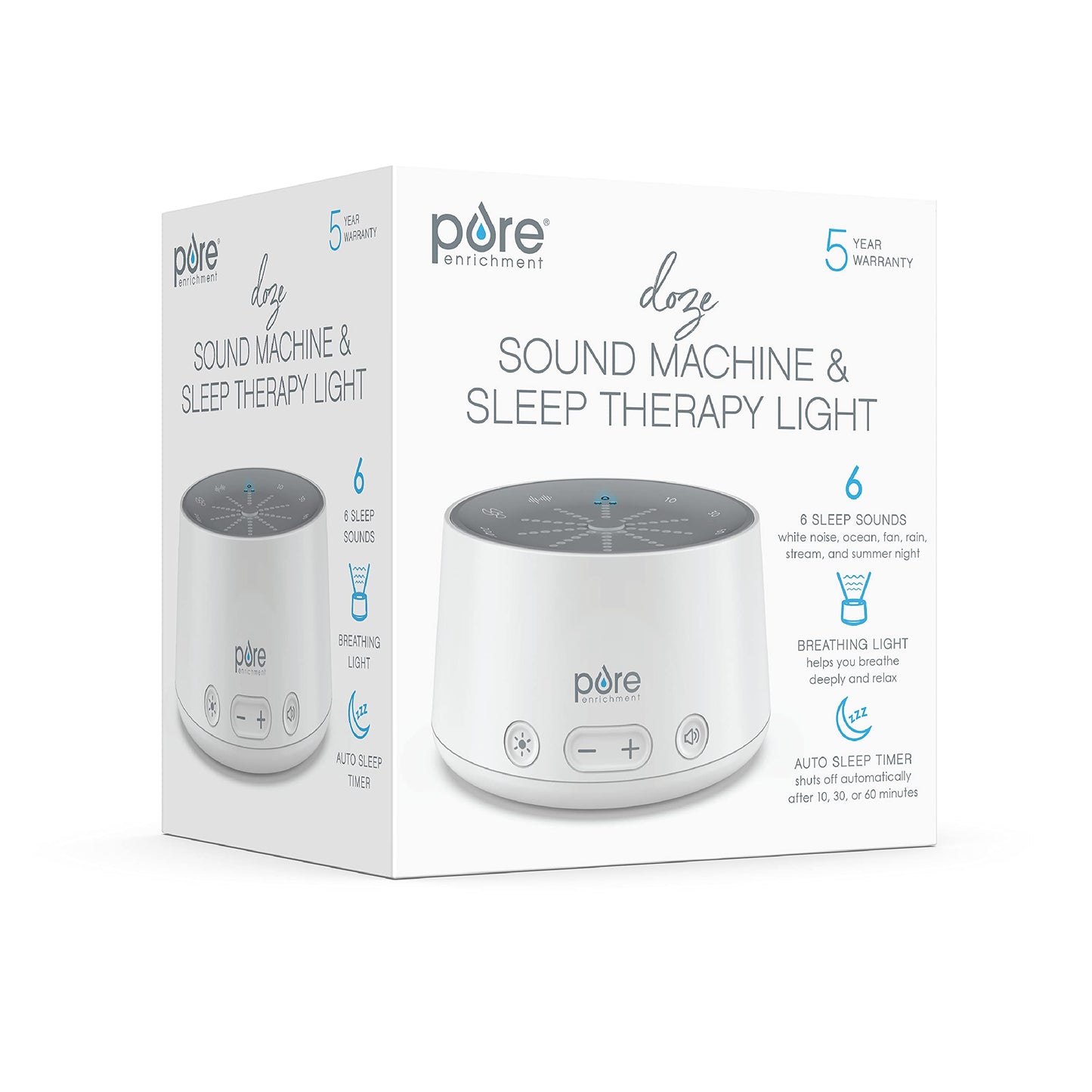 Pure Enrichment Doze Sound Machine and Sleep Light - 6 Soothing Sounds, Relaxing Pulse Light, Auto Sleep Timer, and Built-in USB Charger - All-Natural Sleep and Stress Reliever