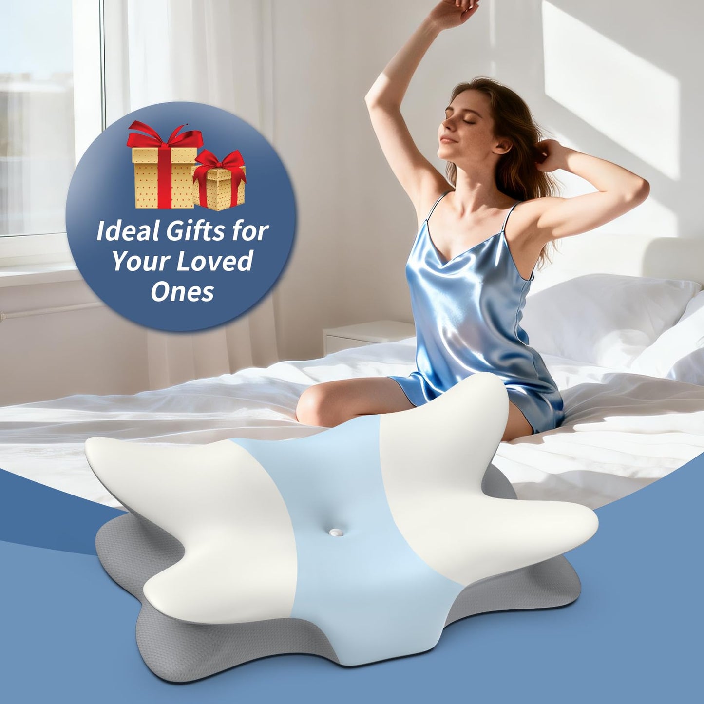 Cervical Pillow for Neck and Shoulder Pain Relief - Ergonomic Neck Pillow for Sleeping, Contour Memory Foam Pillows Side Sleeper Pillow, Bed Pillow for Side Back Stomach Sleepers(White & Blue)