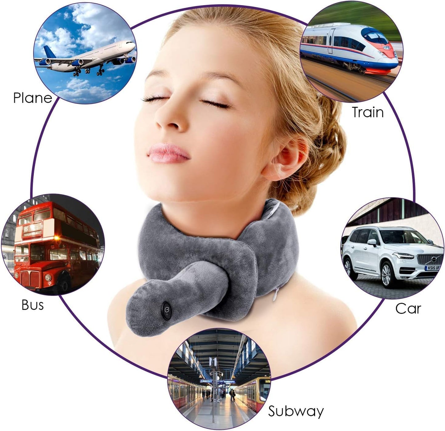 lomitech Travel Pillows,Wireless Airplane Massage Pillow Neck Support with 3 Vibration Modes,Vibration Wrap Neck Massage,Battery Operated Adjustable Pillow for Neck Pain Relief