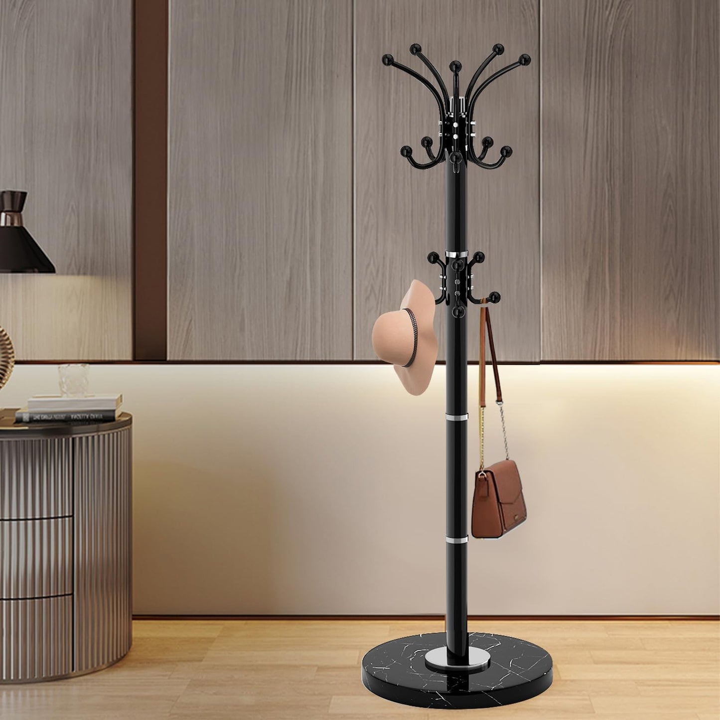 Waavryee Modern Metal Coat Rack Stand, Coat Rack Freestanding with Natural Marble Base, 360°Rotary Design Sturdy Coat Racks with 16 Hooks, White Coat Hall Tree Stand for Entryway (Black)