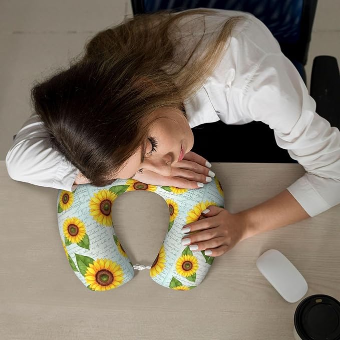 Funny Neck Pillow Support for Car Flight Rest Vintage Sunflower, Memory Foam U Shaped Decor Head Cushion for Home Outdoors Travel