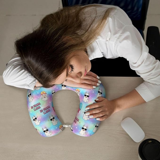 Unique Travel U Shaped Pillows No Drama Llama for Airplanes Car Flight, Comfortable Chin Head Neck Cushion Supporting, Polyester Removable Cover