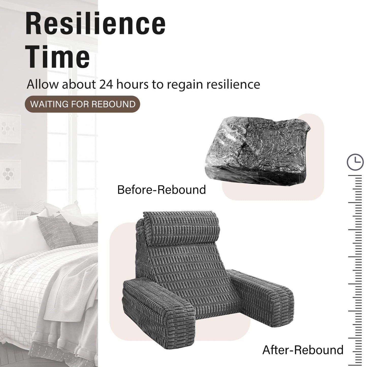 Selectico 19" Reading Pillow for Bed with Built-in Arms & Large Pockets, Supportive Backrest Cushion for Reading, Resting, or Reclining, Washable Cover – Grey
