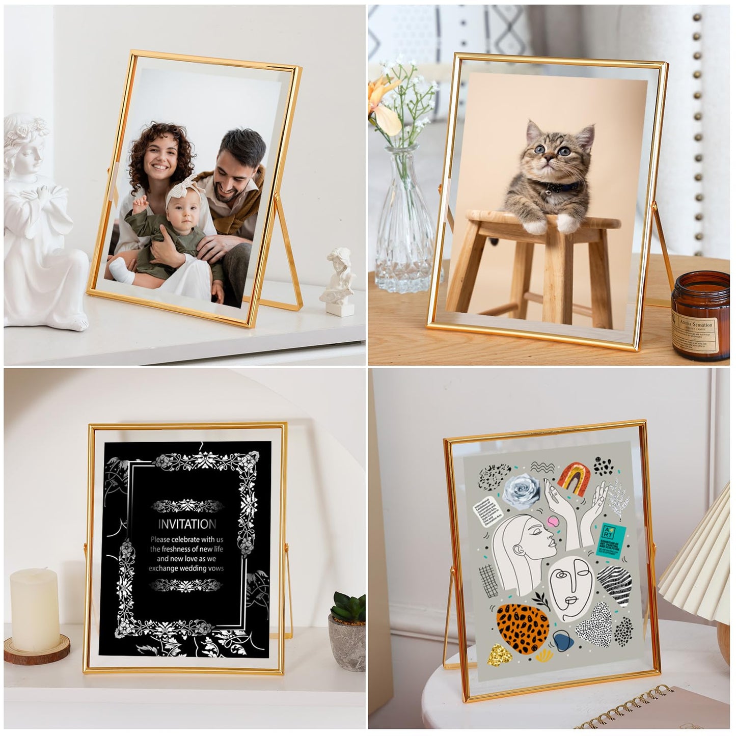 Fixwal Gold Floating Picture Frame Set of 2, 8 x 10 Tempered Glass, Tabletop Display, Multi Size Including 6 x 8, 5 x 7