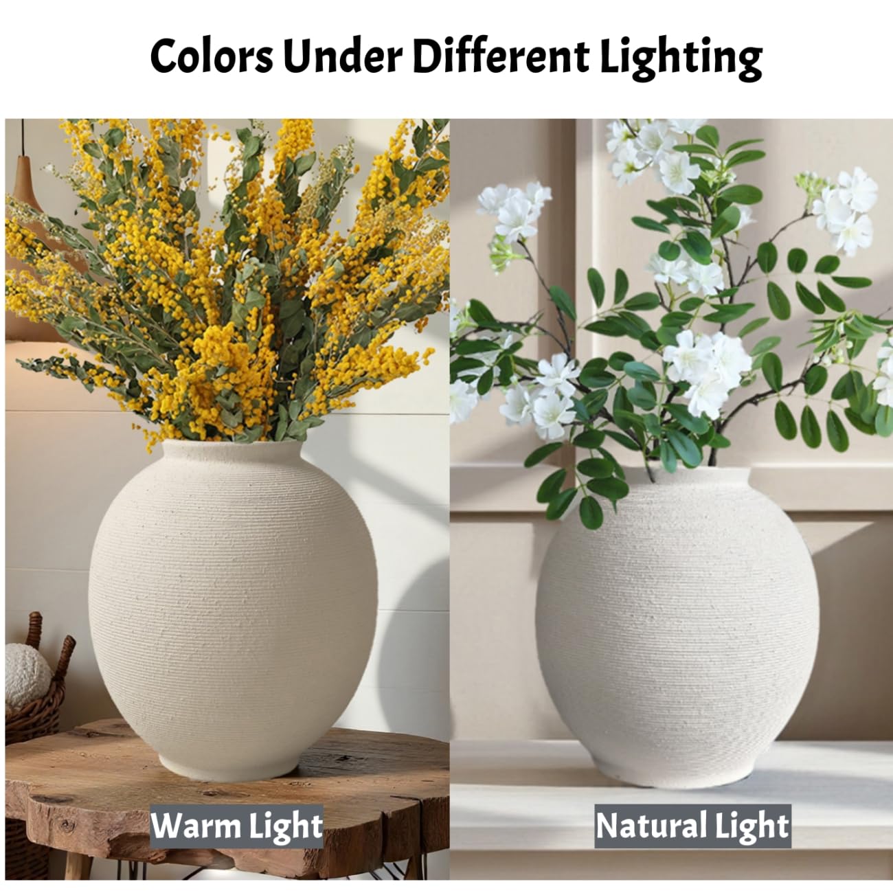 White Ceramic Vase, 9.8" Large, Round, Sandstone White