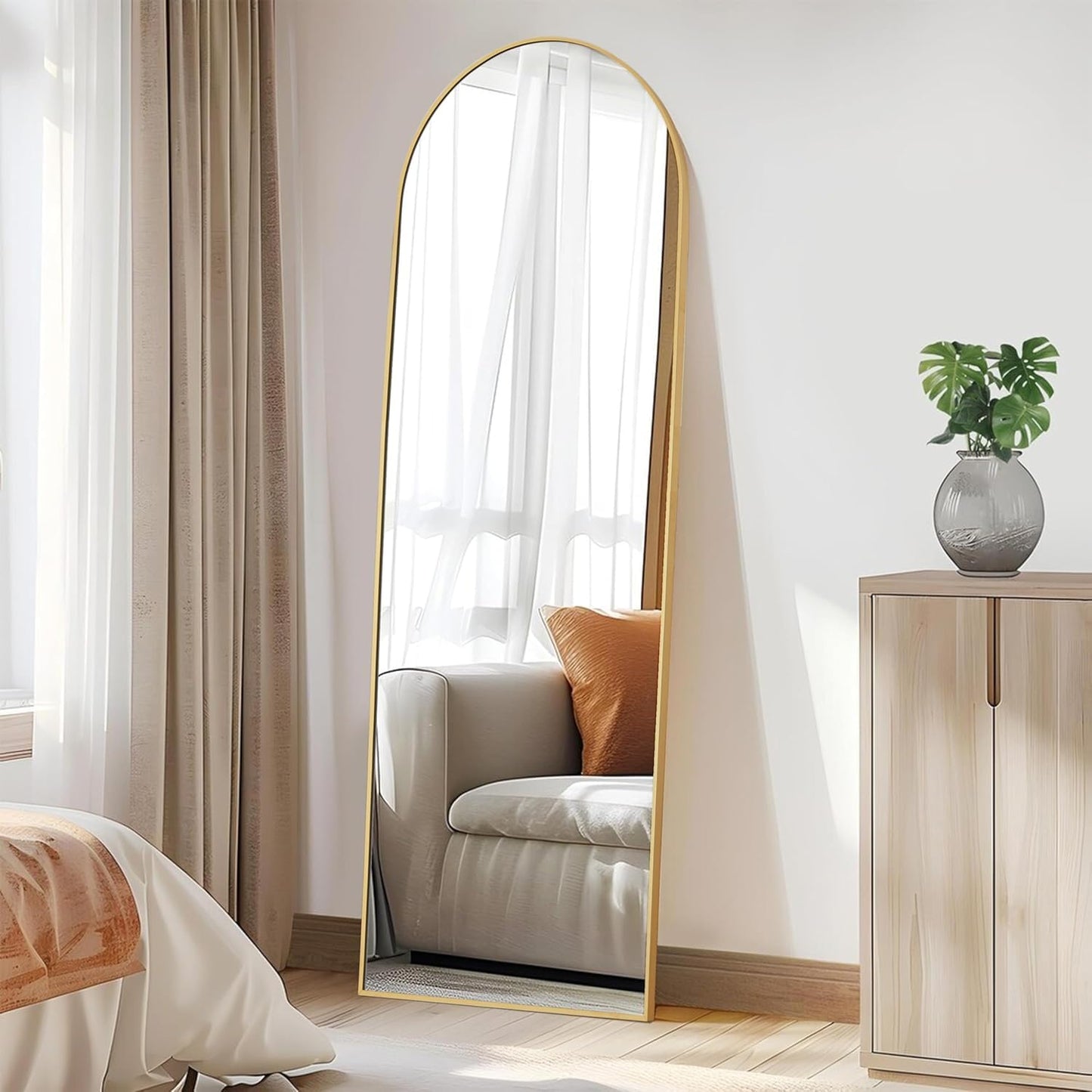 Hexago Arched Full Length Mirror 64"x21", Aluminum Alloy Thin Frame Floor Standing Mirror, Wall Mirror with Stand, HD Explosion-Proof Nano Glass for Bedroom, Living Room, Dressing Room