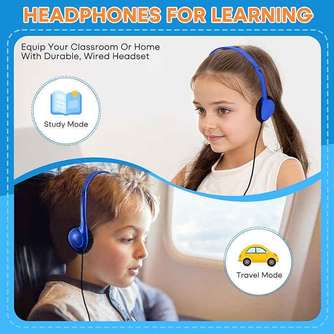 Kids Headphones Bulk 25 Pack for School Classroom Students, Wholesale Wired Headphones Durable Class Set Earphones for Children Toddler Teens Boys Girls and Adult (HY857,25 Blue)