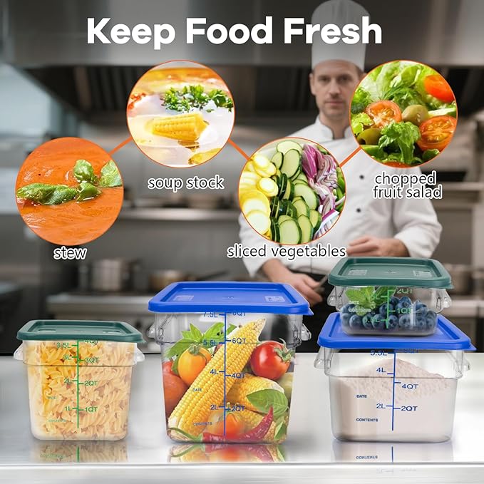 TSUBOR 4 Pack Food Storage Containers with Blue Lids, 6.0 Qt - Square, Clear, Polycarbonate, for Restaurant Commercial Kitchen and Home party