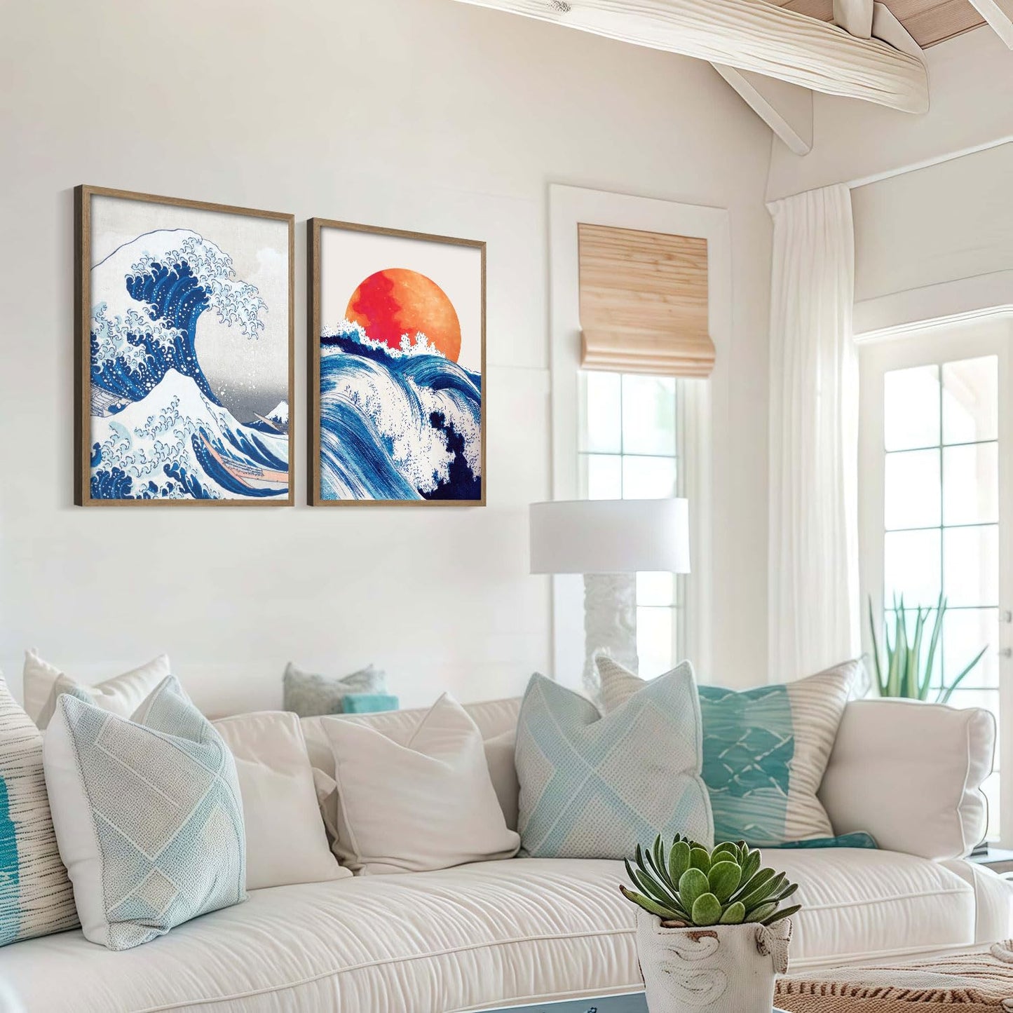 2Pcs Framed Canvas Wall Art Japanese Wave and Red Sun Poster Prints Hokusai Inspired Ocean Picture Traditional Ukiyo-e Gallery Decor Living Room Bedroom Office Apartment 16X24 Inch Ready to Hang